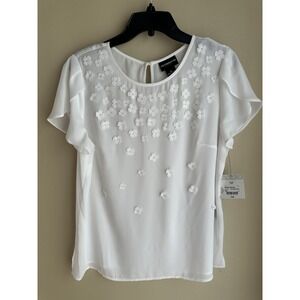 Liz Claiborne Top Womens M White Manor Garden Appliqué Flowers Short Sleeves NWT
